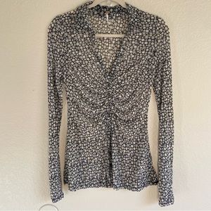 Free People Shirtee Black and White Floral Ruched Button-Down Top